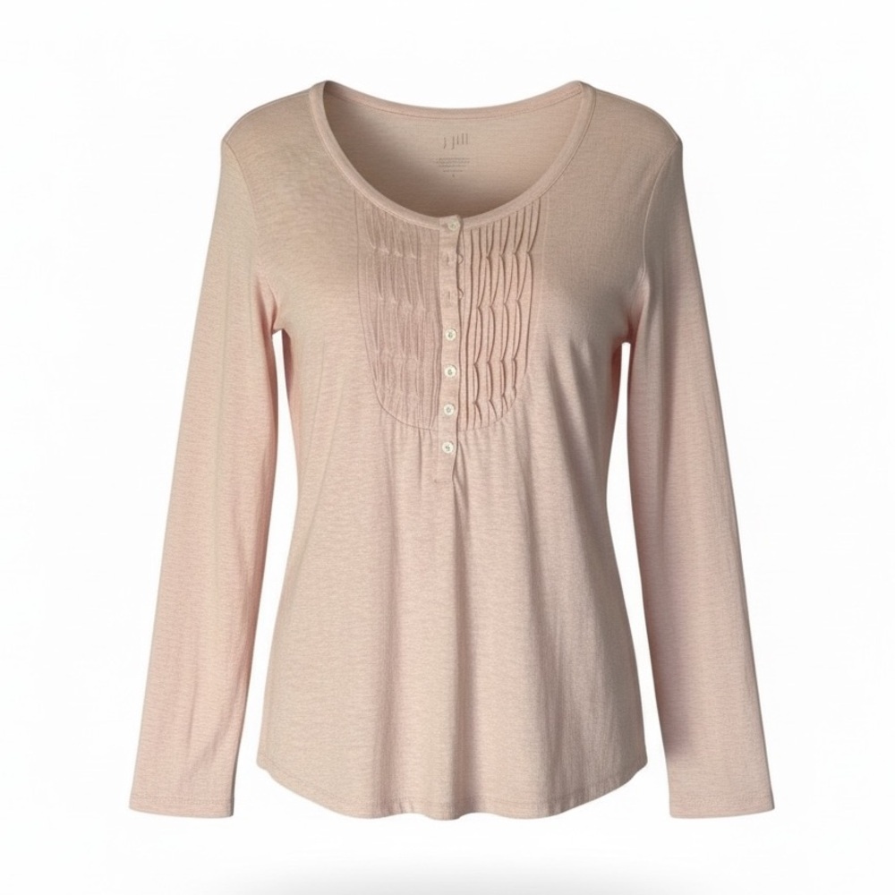 J. Jill Pleated Henley Heathered Pink 100% Cotton Flannel Feel Top Long Sleeve L - Picture 2 of 11